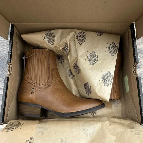 ❌SOLD❌NIB Harley Davidson Lorene Gore Western Moto Ankle Leather Boots Tan 8.5M - Picture 12 of 12